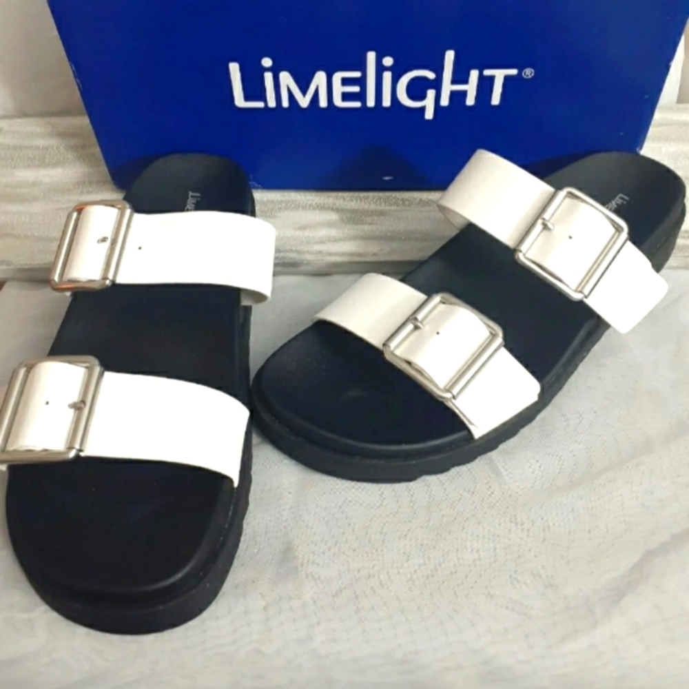 Womens 9.5 white black Buckle slip on Sandals Ladies slides shoes